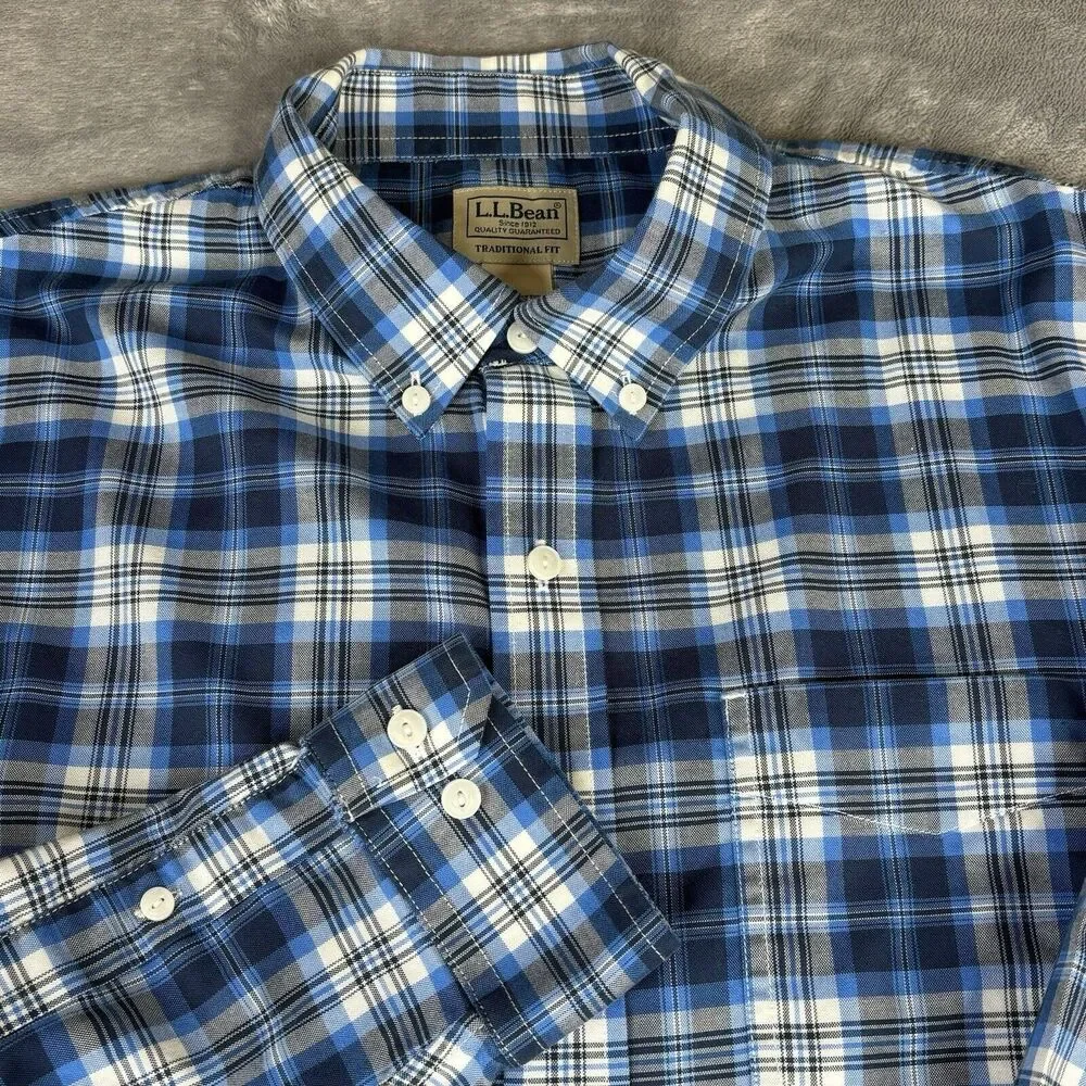 LL Bean Shirt Mens L Blue Plaid Traditional Fit Long Sleeve 500508 Crisp‎ Cotton